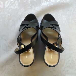 MICHAEL Michael Kors Nora Black Wedge Sandals Women’s Size 9M MK Golden Buckle